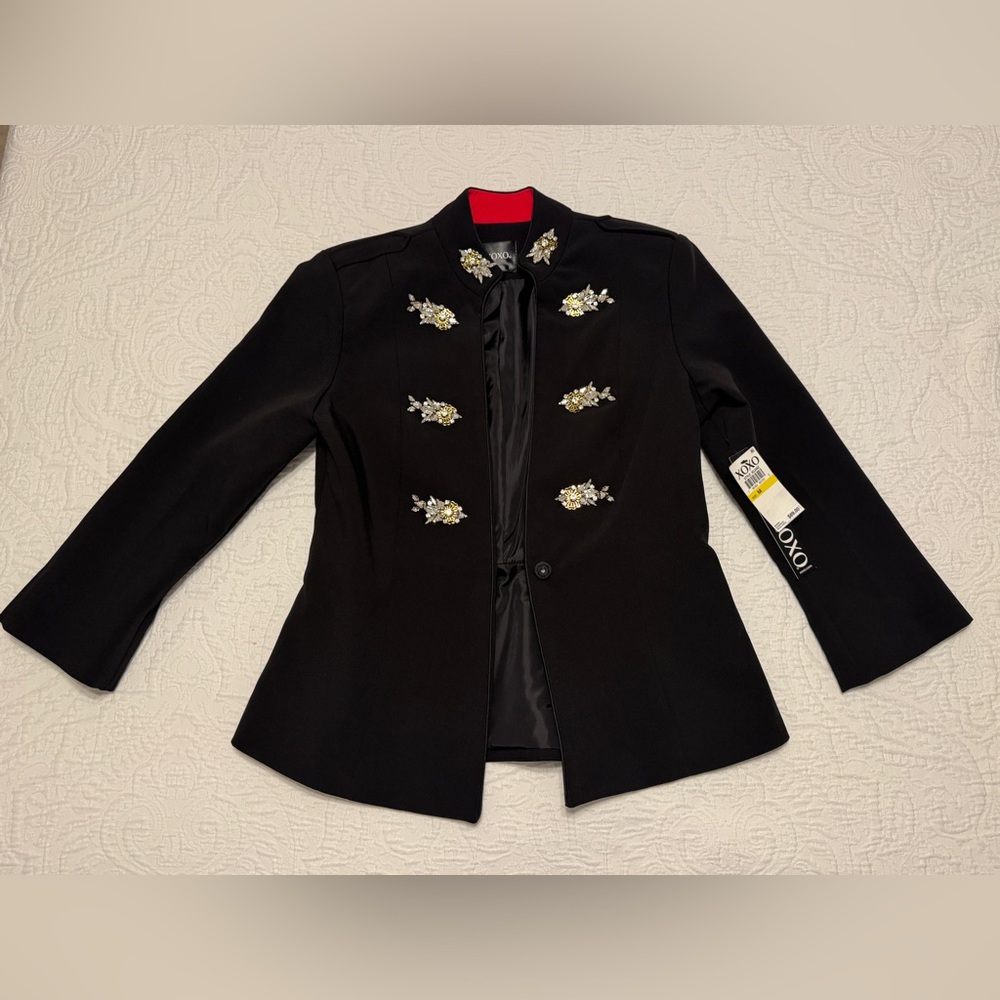 Women's Casual Elegant Jacket 
Open Front Long Sleeves Work Blazer Black-Red